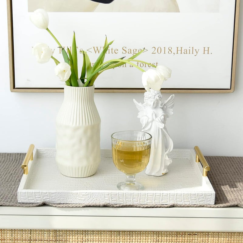 MACVAD Set of 2 Modern Elegant Large Wood Serving Tray, Rectangle Decorative Tray Ottoman Tay Coffee Table Tray, Pearl White Crocodile Leather with Gold Polished Metal Handles - Image 4